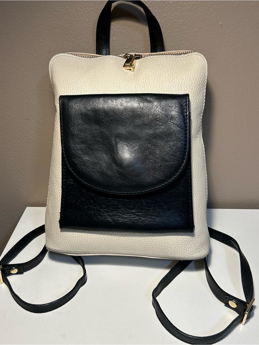 Divina Firenze Leather Convertible Backpack Crossbody Black White Minimal
